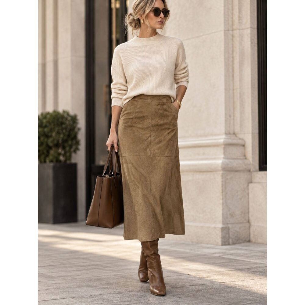 Max Studio Soft Vegan Suede Midi Skirt Camel/Brown/Tan Made In USA Size Small